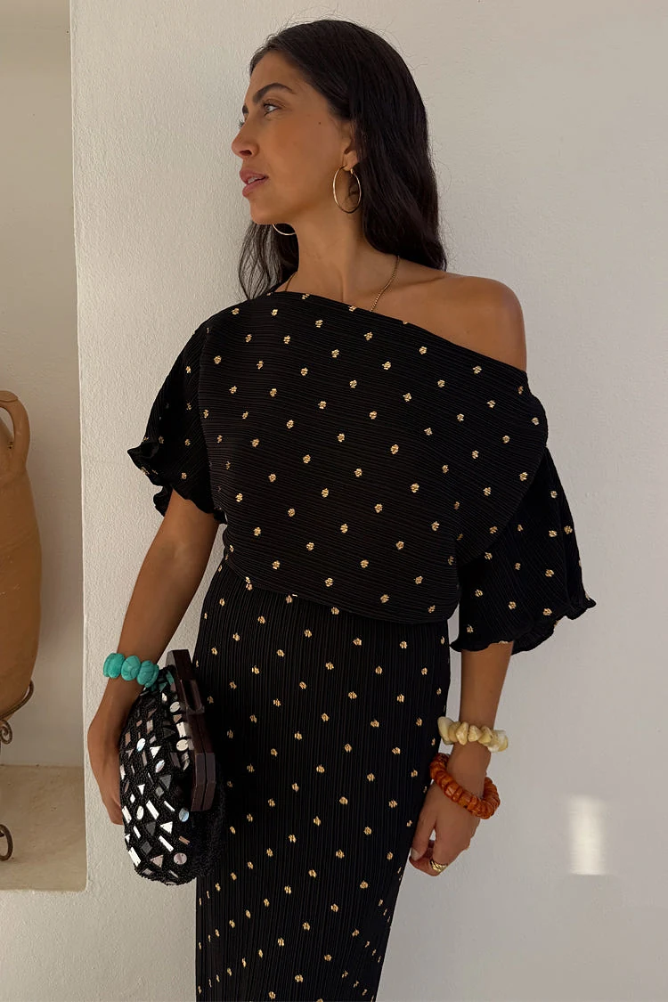 Black Tilly Plisse Dress with Gold Fleck