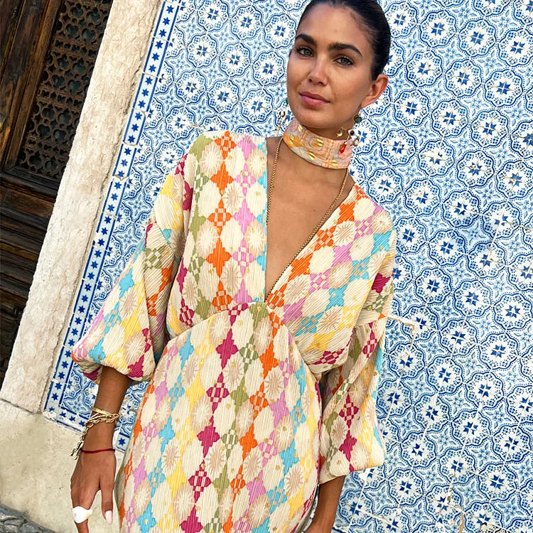 Multi Sun Geo Plisse Emma Dress